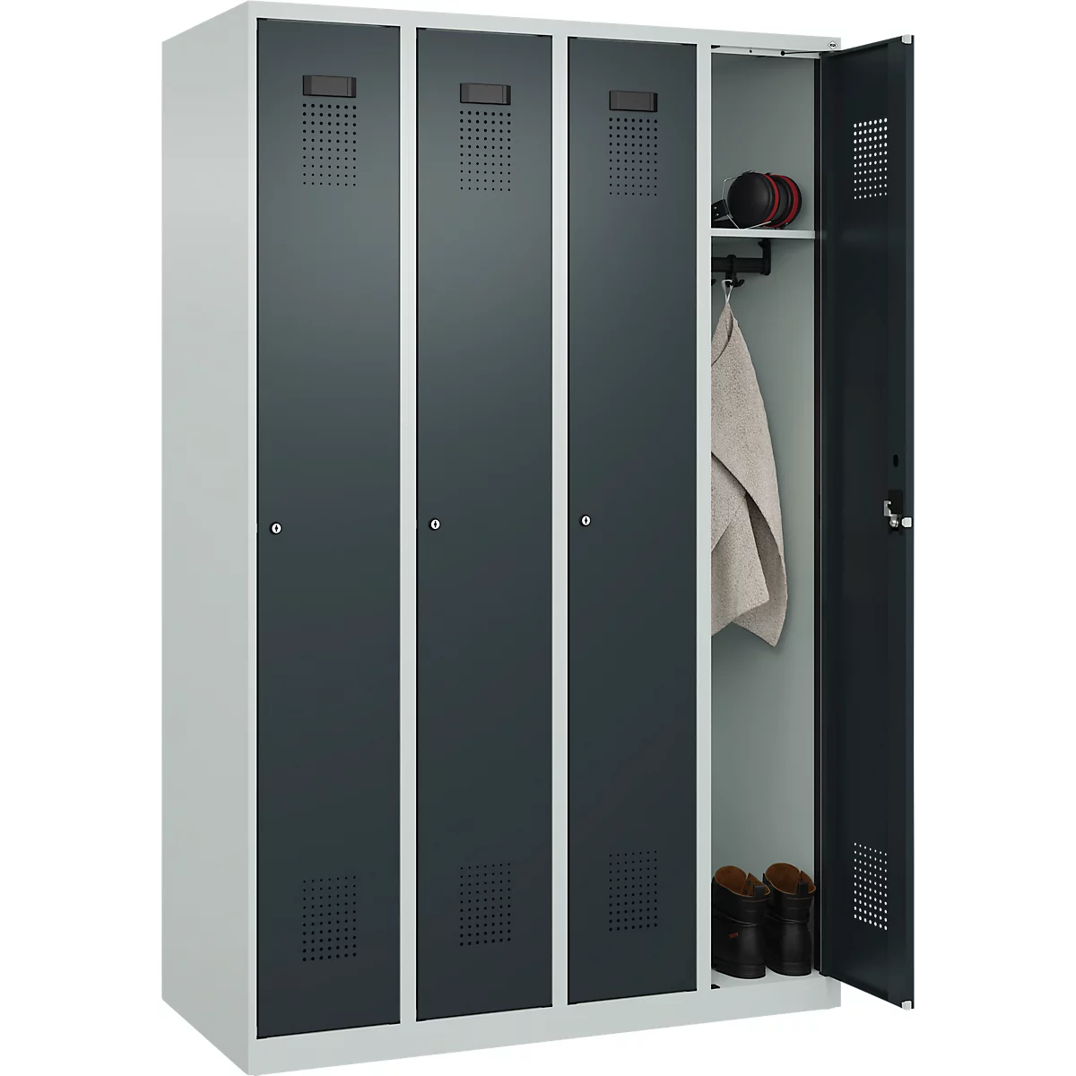 Kleiderspind C+P Evolo Plus, 4 Abteile, Anschlag rechts, Zylinderschloss, Soft-Anschlag, B 1200 x T 500 x H 1850 mm, lichtgrau/anthrazitgrau