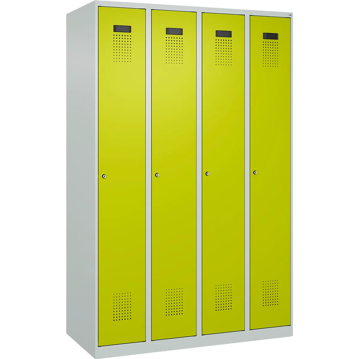 Kleiderspind C+P Evolo Plus, 4 Abteile, Anschlag rechts, Zylinderschloss, Soft-Anschlag, B 1200 x T 500 x H 1850 mm, lichtgrau/clowngrün