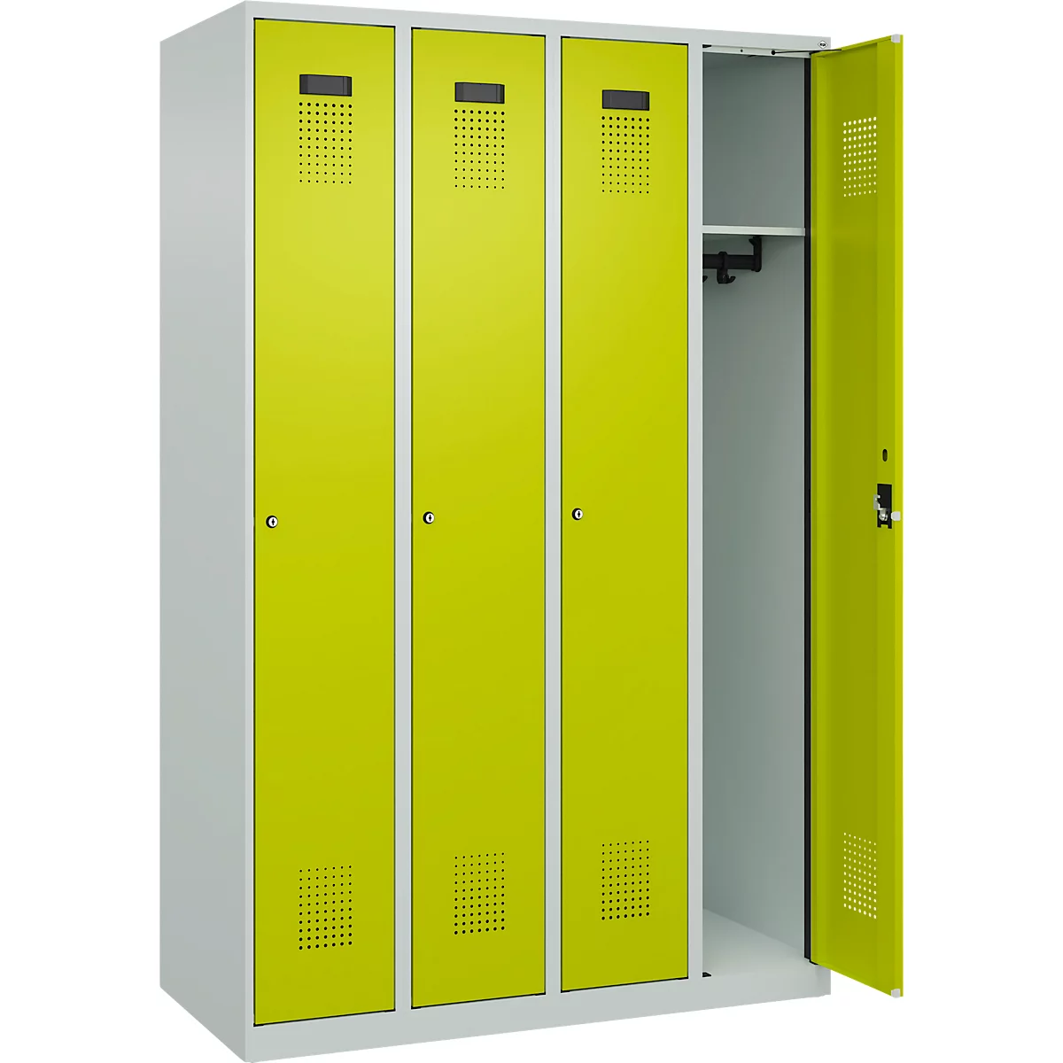 Kleiderspind C+P Evolo Plus, 4 Abteile, Anschlag rechts, Zylinderschloss, Soft-Anschlag, B 1200 x T 500 x H 1850 mm, lichtgrau/clowngrün