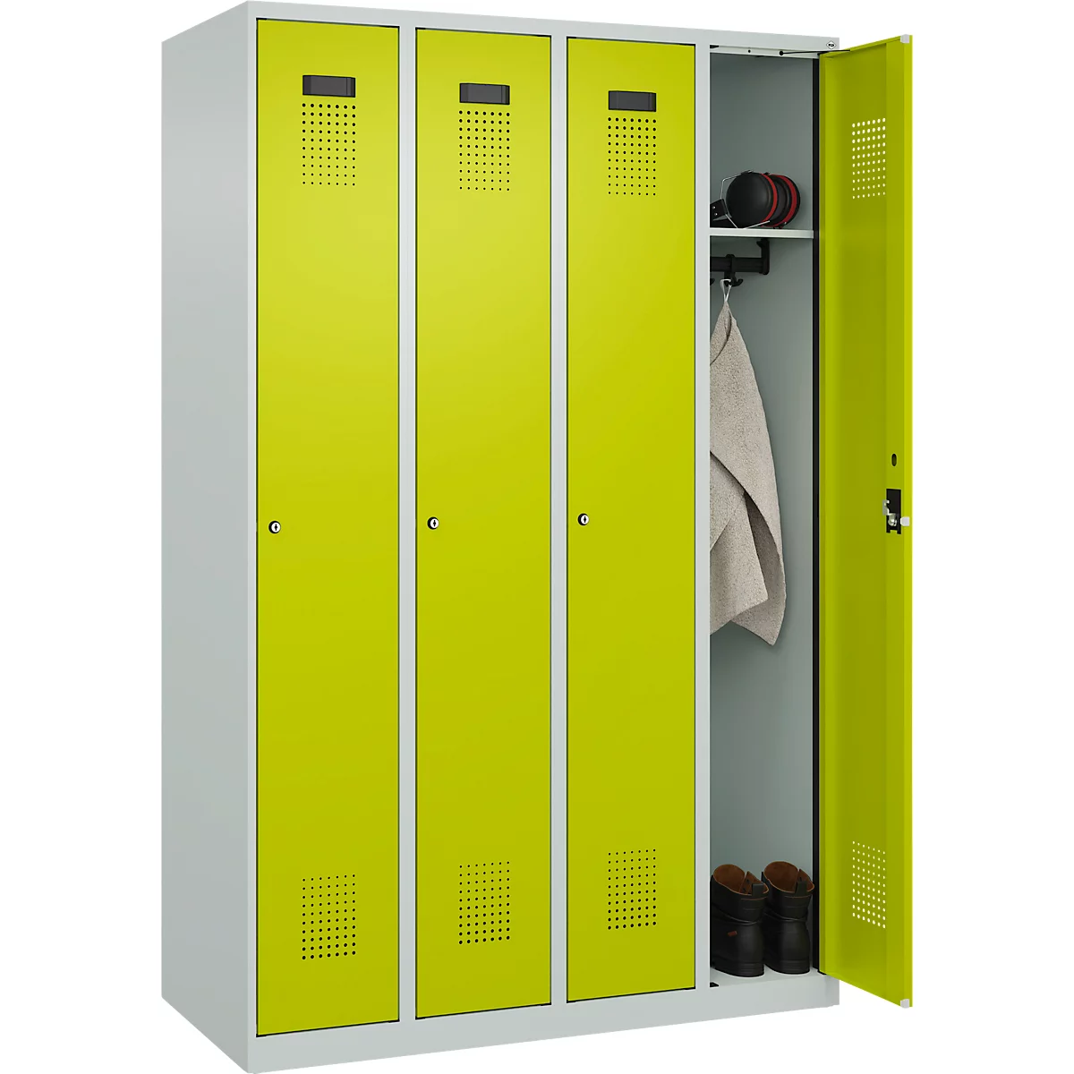 Kleiderspind C+P Evolo Plus, 4 Abteile, Anschlag rechts, Zylinderschloss, Soft-Anschlag, B 1200 x T 500 x H 1850 mm, lichtgrau/clowngrün