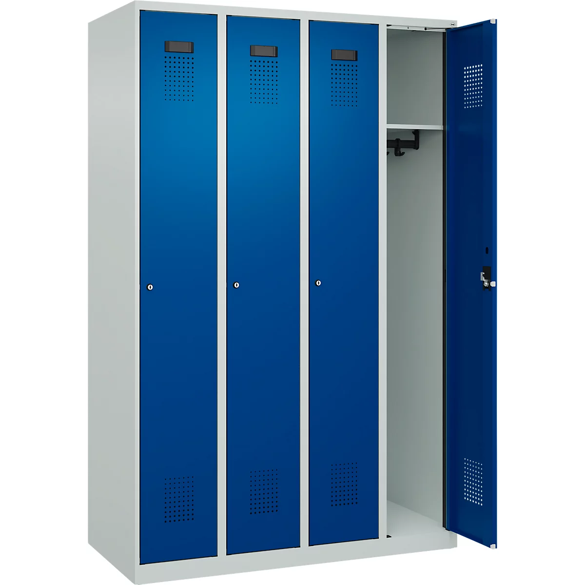 Kleiderspind C+P Evolo Plus, 4 Abteile, Anschlag rechts, Zylinderschloss, Soft-Anschlag, B 1200 x T 500 x H 1850 mm, lichtgrau/enzianblau