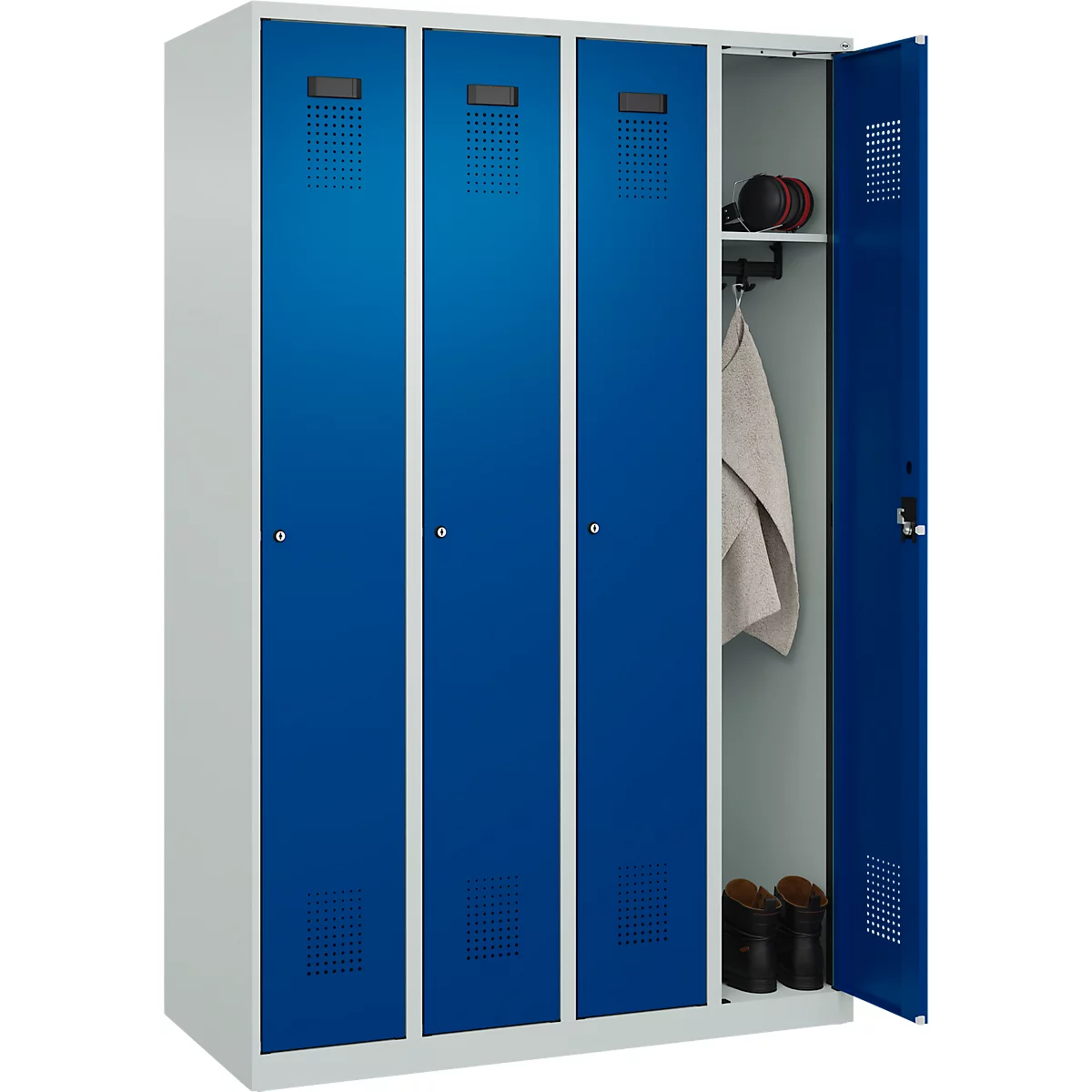 Kleiderspind C+P Evolo Plus, 4 Abteile, Anschlag rechts, Zylinderschloss, Soft-Anschlag, B 1200 x T 500 x H 1850 mm, lichtgrau/enzianblau