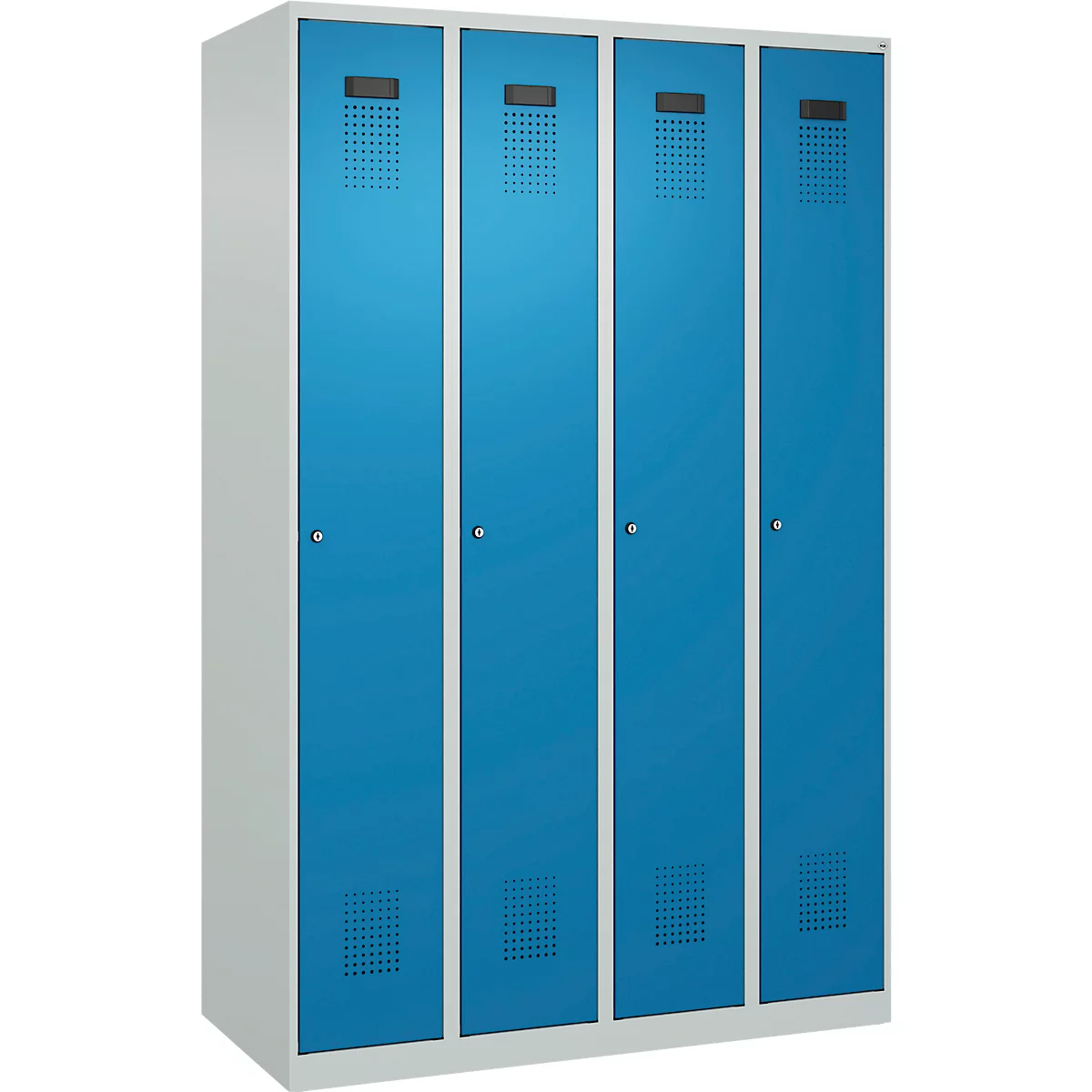 Kleiderspind C+P Evolo Plus, 4 Abteile, Anschlag rechts, Zylinderschloss, Soft-Anschlag, B 1200 x T 500 x H 1850 mm, lichtgrau/lichtblau