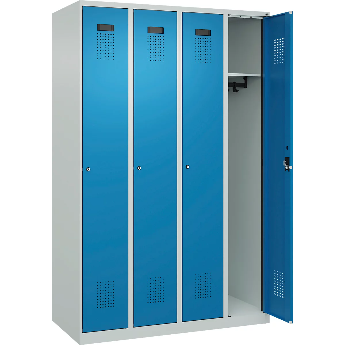 Kleiderspind C+P Evolo Plus, 4 Abteile, Anschlag rechts, Zylinderschloss, Soft-Anschlag, B 1200 x T 500 x H 1850 mm, lichtgrau/lichtblau