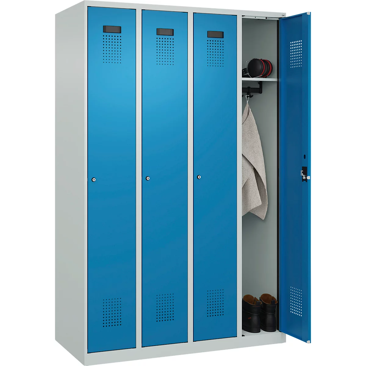 Kleiderspind C+P Evolo Plus, 4 Abteile, Anschlag rechts, Zylinderschloss, Soft-Anschlag, B 1200 x T 500 x H 1850 mm, lichtgrau/lichtblau