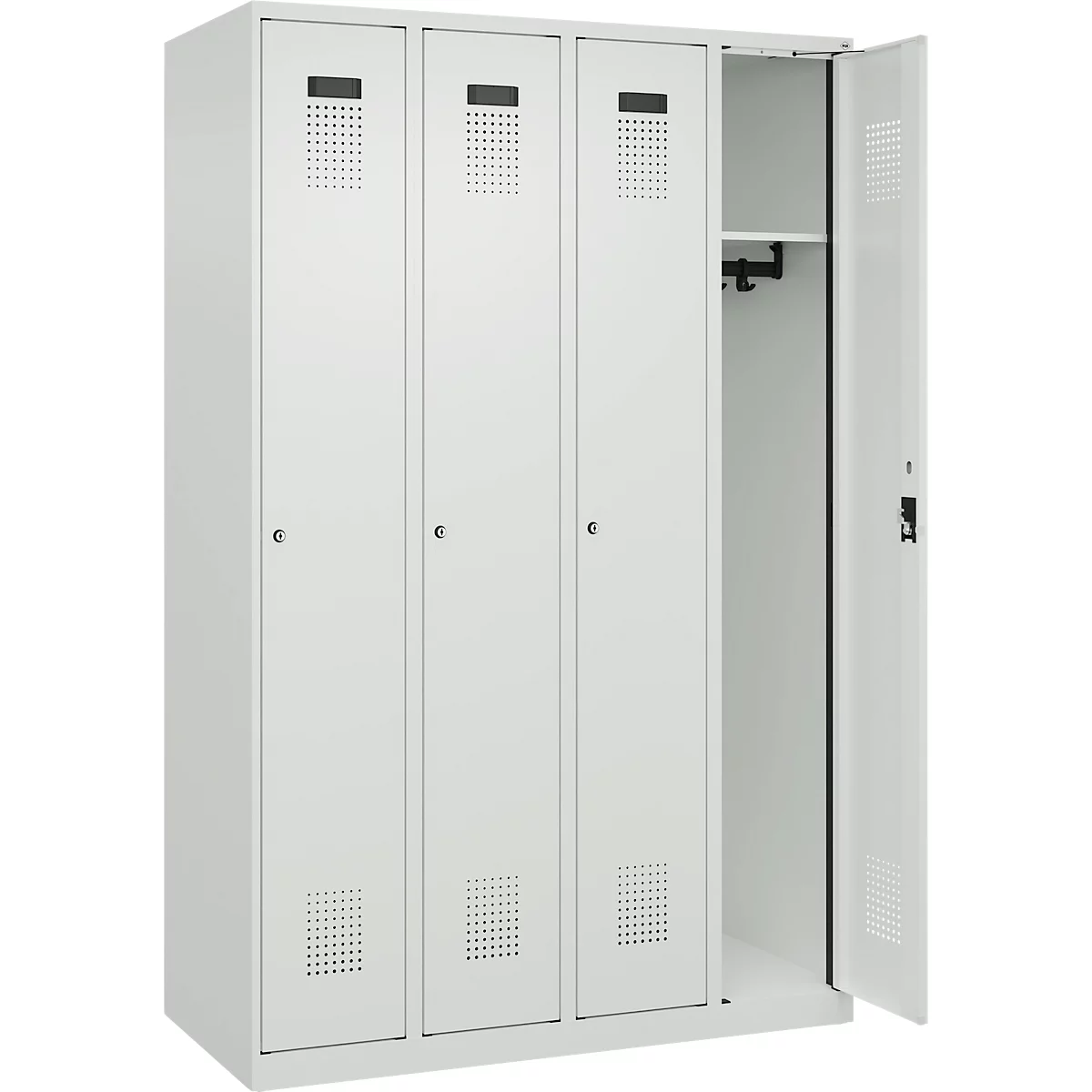 Kleiderspind C+P Evolo Plus, 4 Abteile, Anschlag rechts, Zylinderschloss, Soft-Anschlag, B 1200 x T 500 x H 1850 mm, lichtgrau/lichtgrau