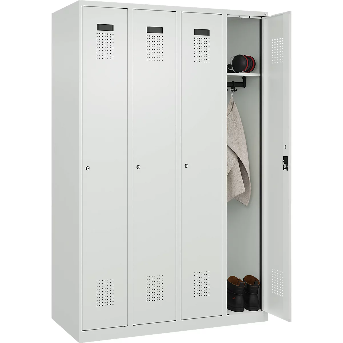 Kleiderspind C+P Evolo Plus, 4 Abteile, Anschlag rechts, Zylinderschloss, Soft-Anschlag, B 1200 x T 500 x H 1850 mm, lichtgrau/lichtgrau