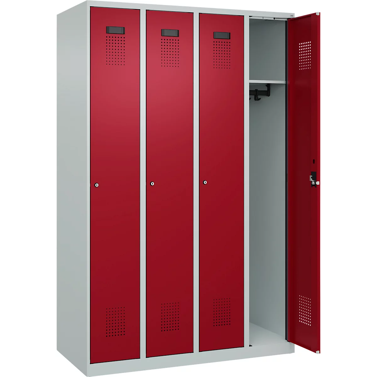 Kleiderspind C+P Evolo Plus, 4 Abteile, Anschlag rechts, Zylinderschloss, Soft-Anschlag, B 1200 x T 500 x H 1850 mm, lichtgrau/rubinrot