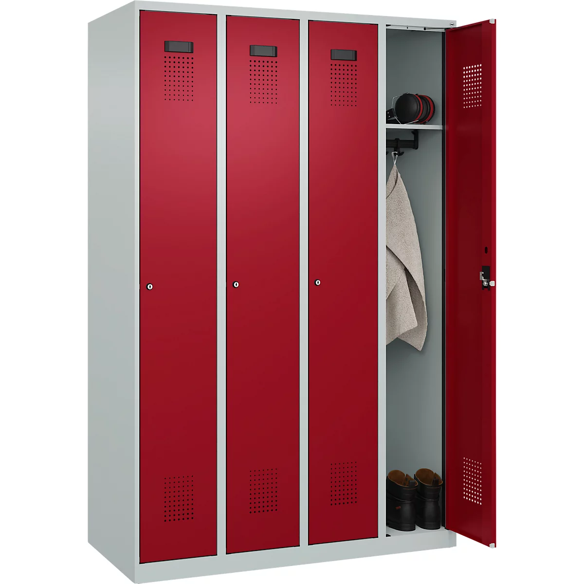 Kleiderspind C+P Evolo Plus, 4 Abteile, Anschlag rechts, Zylinderschloss, Soft-Anschlag, B 1200 x T 500 x H 1850 mm, lichtgrau/rubinrot