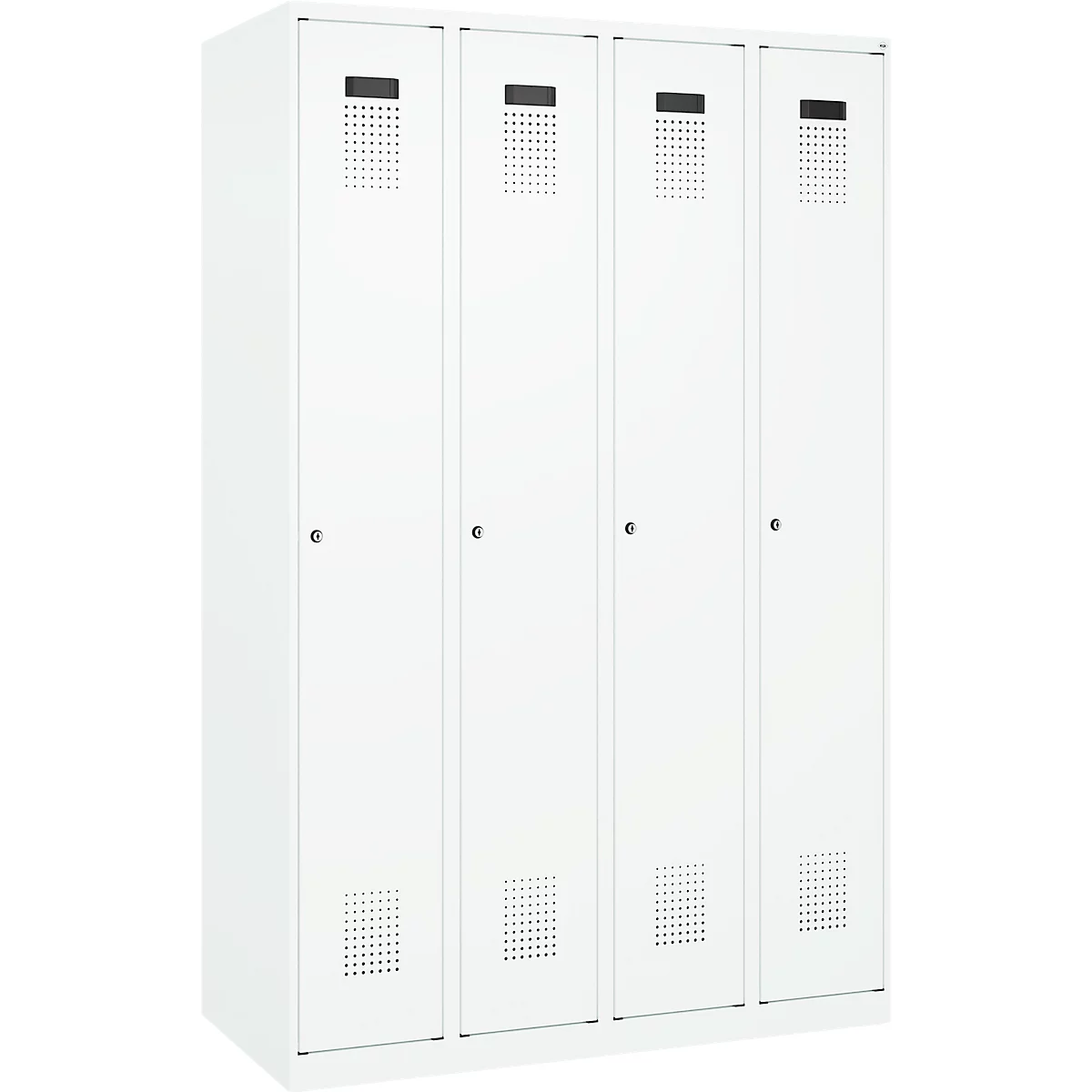 Kleiderspind C+P Evolo Plus, 4 Abteile, Anschlag rechts, Zylinderschloss, Soft-Anschlag, B 1200 x T 500 x H 1850 mm, verkehrsweiß/verkehrsweiß