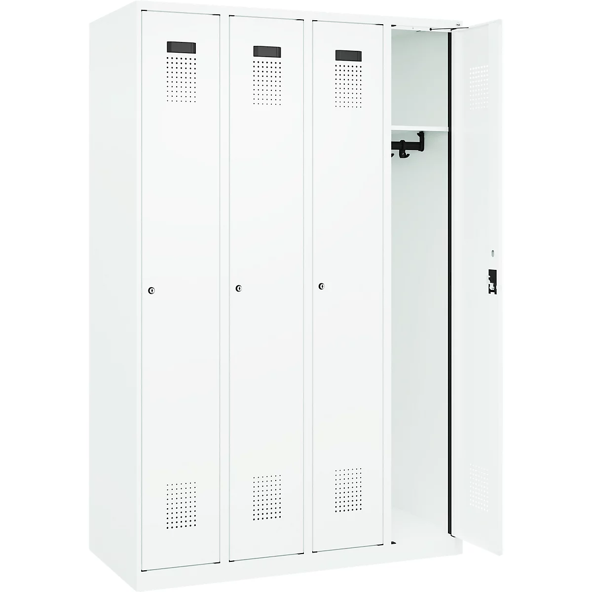 Kleiderspind C+P Evolo Plus, 4 Abteile, Anschlag rechts, Zylinderschloss, Soft-Anschlag, B 1200 x T 500 x H 1850 mm, verkehrsweiß/verkehrsweiß