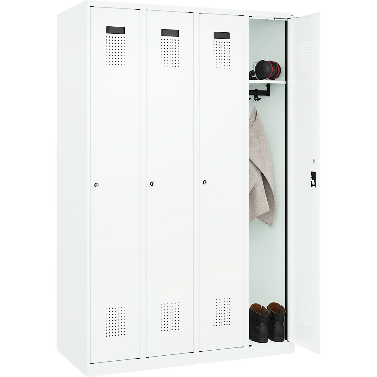 Kleiderspind C+P Evolo Plus, 4 Abteile, Anschlag rechts, Zylinderschloss, Soft-Anschlag, B 1200 x T 500 x H 1850 mm, verkehrsweiß/verkehrsweiß