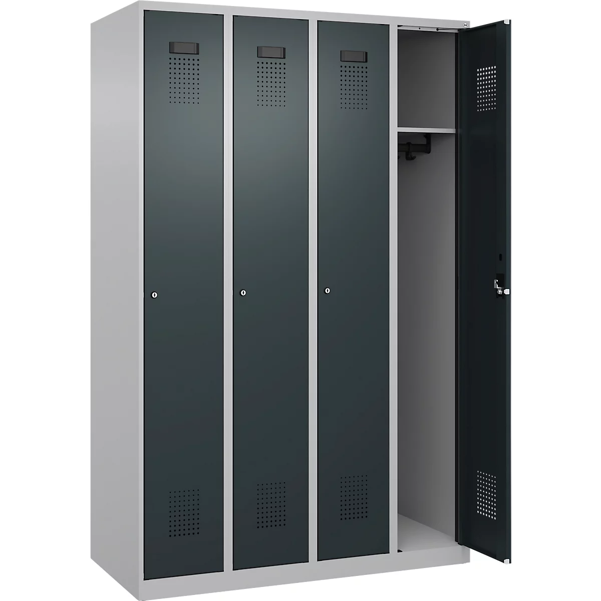 Kleiderspind C+P Evolo Plus, 4 Abteile, Anschlag rechts, Zylinderschloss, Soft-Anschlag, B 1200 x T 500 x H 1850 mm, weißaluminium/anthrazitgrau