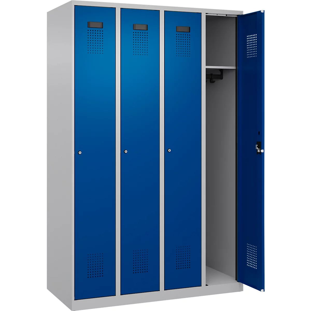 Kleiderspind C+P Evolo Plus, 4 Abteile, Anschlag rechts, Zylinderschloss, Soft-Anschlag, B 1200 x T 500 x H 1850 mm, weißaluminium/enzianblau