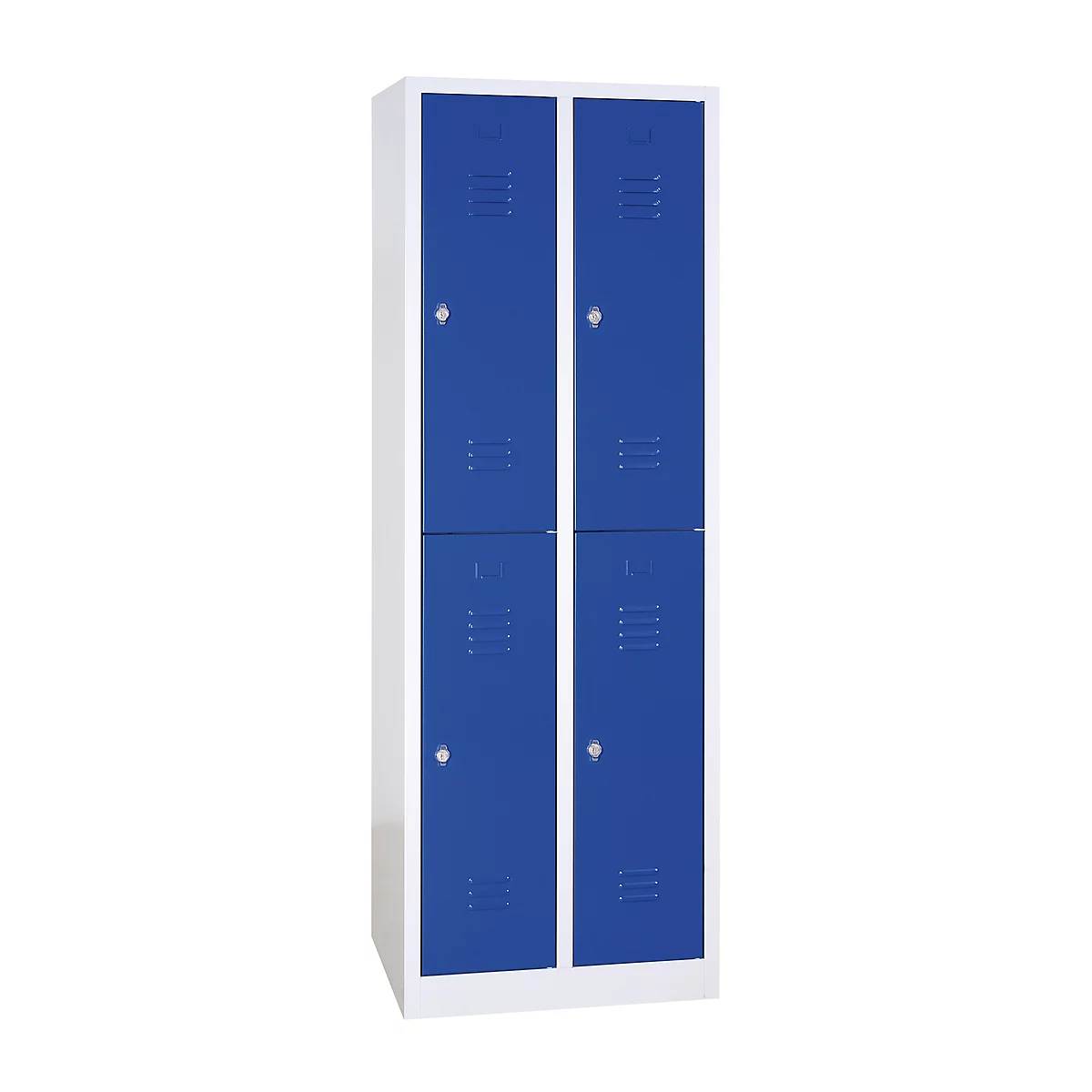 Kleiderspind, doppelstöckig, 2 x 2 Abteile, Drehriegelverschluss, lichtgrau/enzianblau