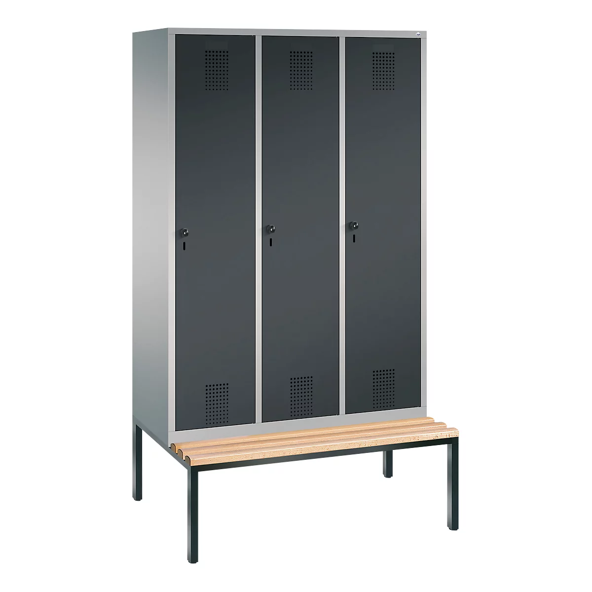 Kleiderspind Evolo S 3000, untergebaute Sitzbank, 3 Abteile, Stahl, Sicherheitsdrehriegelverschluss, weißaluminium/anthrazit