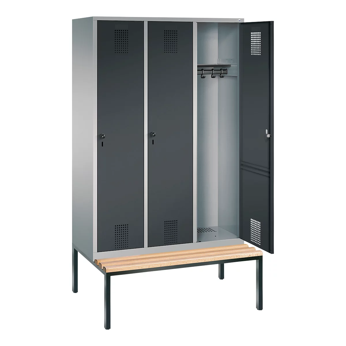 Kleiderspind Evolo S 3000, untergebaute Sitzbank, 3 Abteile, Stahl, Sicherheitsdrehriegelverschluss, weißaluminium/anthrazit