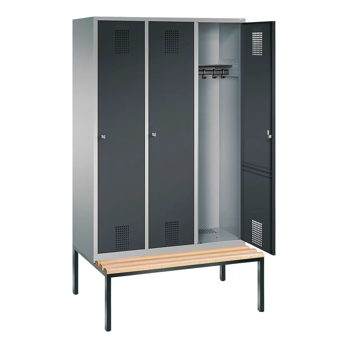 Kleiderspind Evolo S 3000, untergebaute Sitzbank, 3 Abteile, Stahl, Zylinderschloss, weißaluminium/anthrazit
