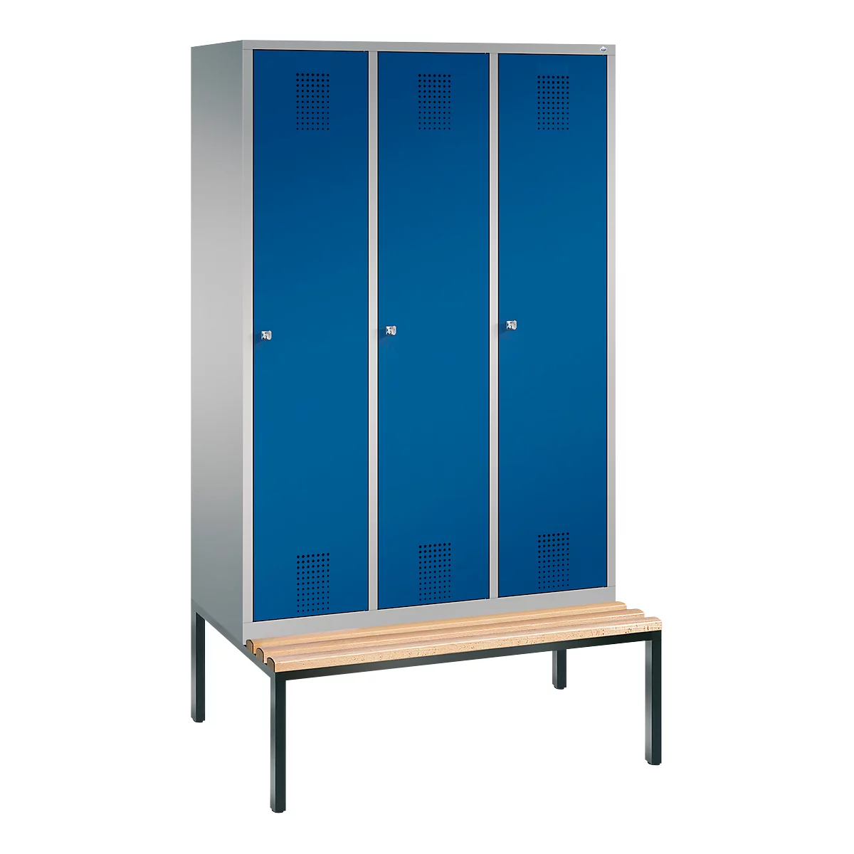 Kleiderspind m. untergebauter Sitzbank,3 Abteile, Zylinderschloss, weißaluminium/enzianblau