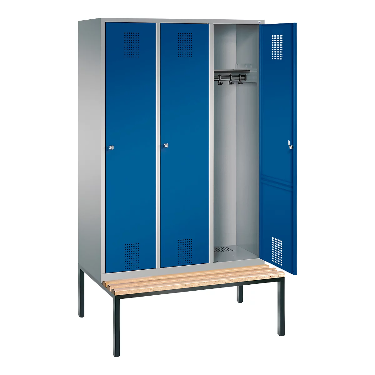 Kleiderspind m. untergebauter Sitzbank,3 Abteile, Zylinderschloss, weißaluminium/enzianblau