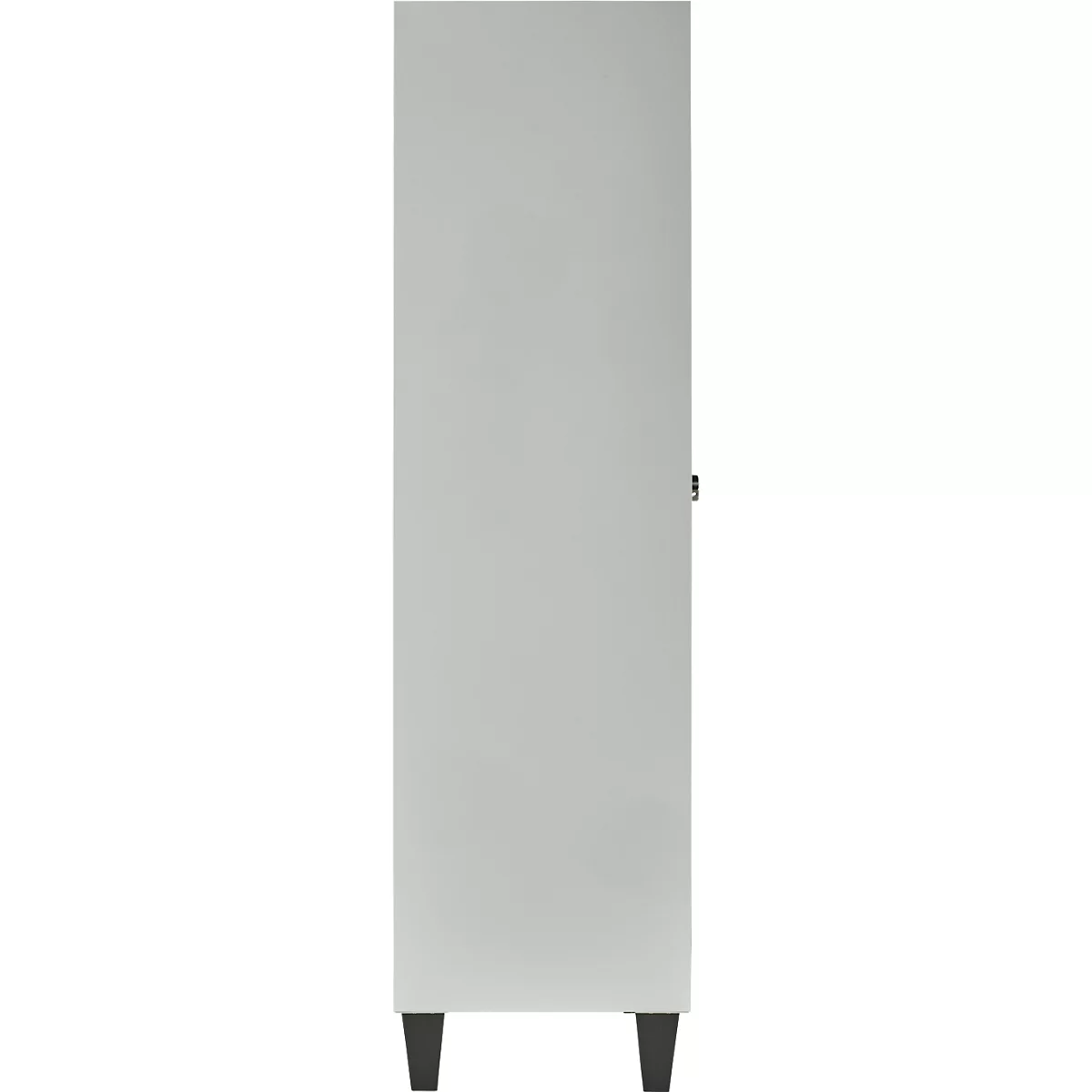 Ein weißes Sideboard mit dunklen Beinen, schmale Form, Detailaufnahme der Tür. 