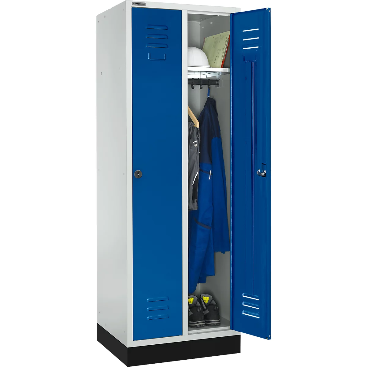 Kleiderspind mit 2 Abteilen, 300 mm, Drehriegelverschluss, mit Sockel, Tür enzianblau