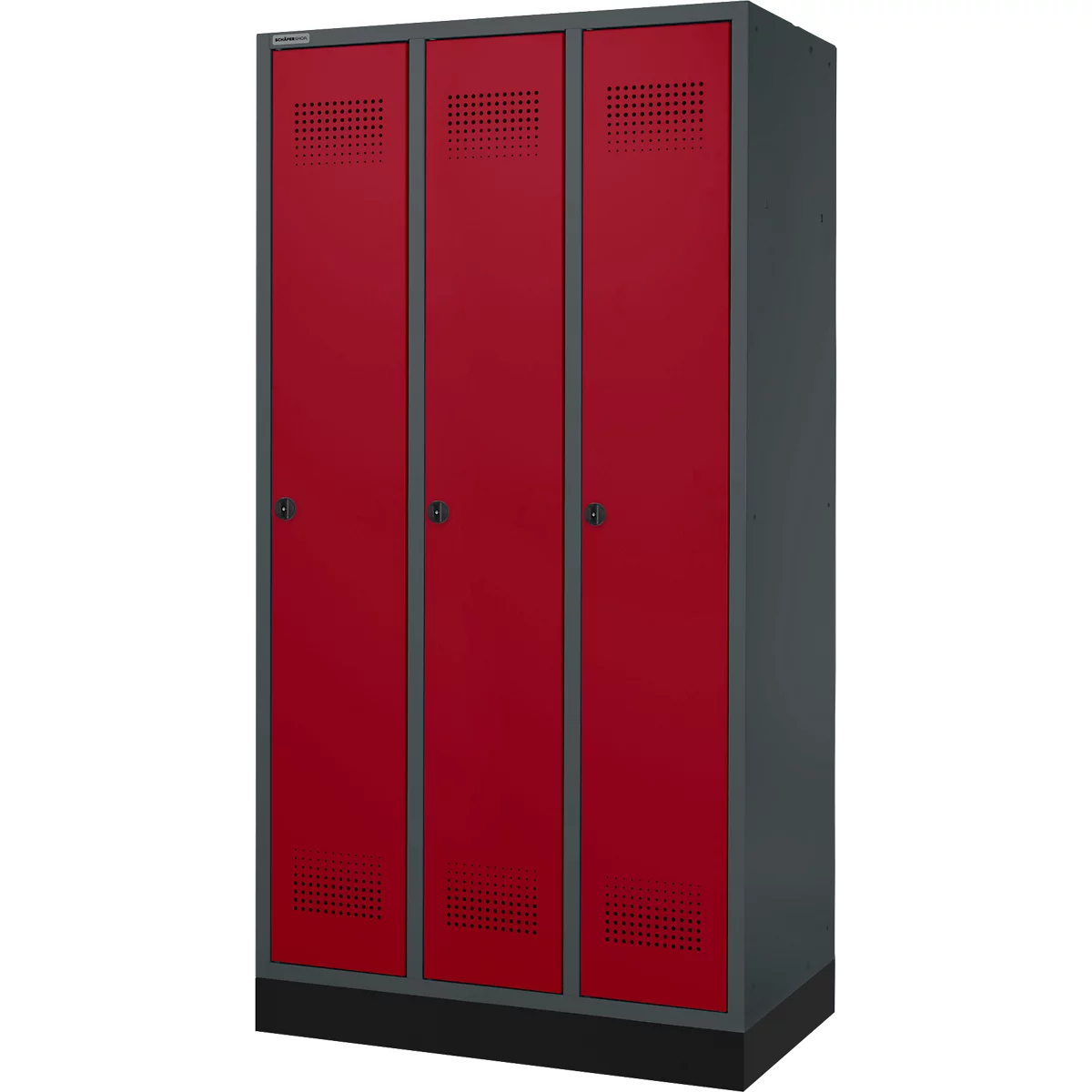 Drei rote Spinde mit perforierten Türen vor grauem Hintergrund.