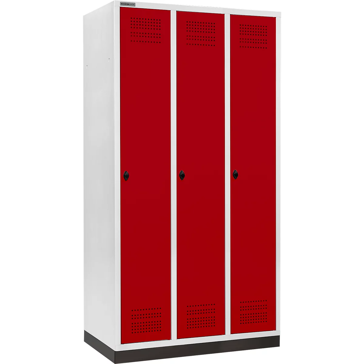 Ein weiß-roter Schrank mit drei Türen, mit schwarzen Griffen und Lüftungsschlitzen.