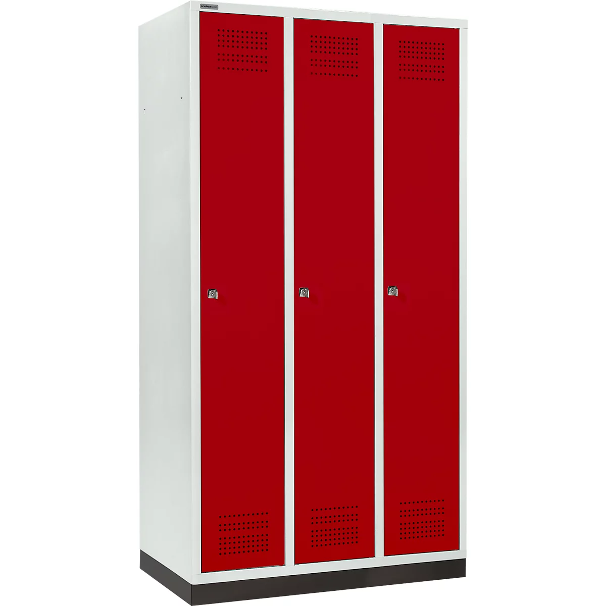 Roter Schrank mit drei Türen, metallisch, mit Lüftungsschlitzen und silbernen Türgriffen, vor weißem Hintergrund.