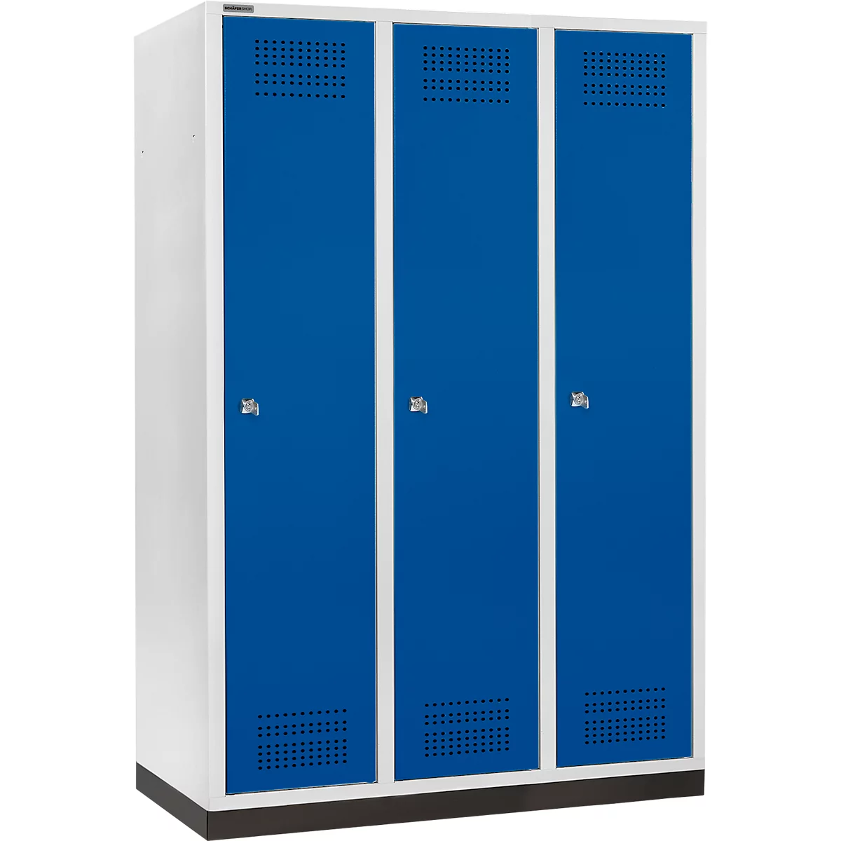 Schrank mit drei blauen Türen und silbernen Griffen. Die Türen sind durch weiße Rahmen getrennt.