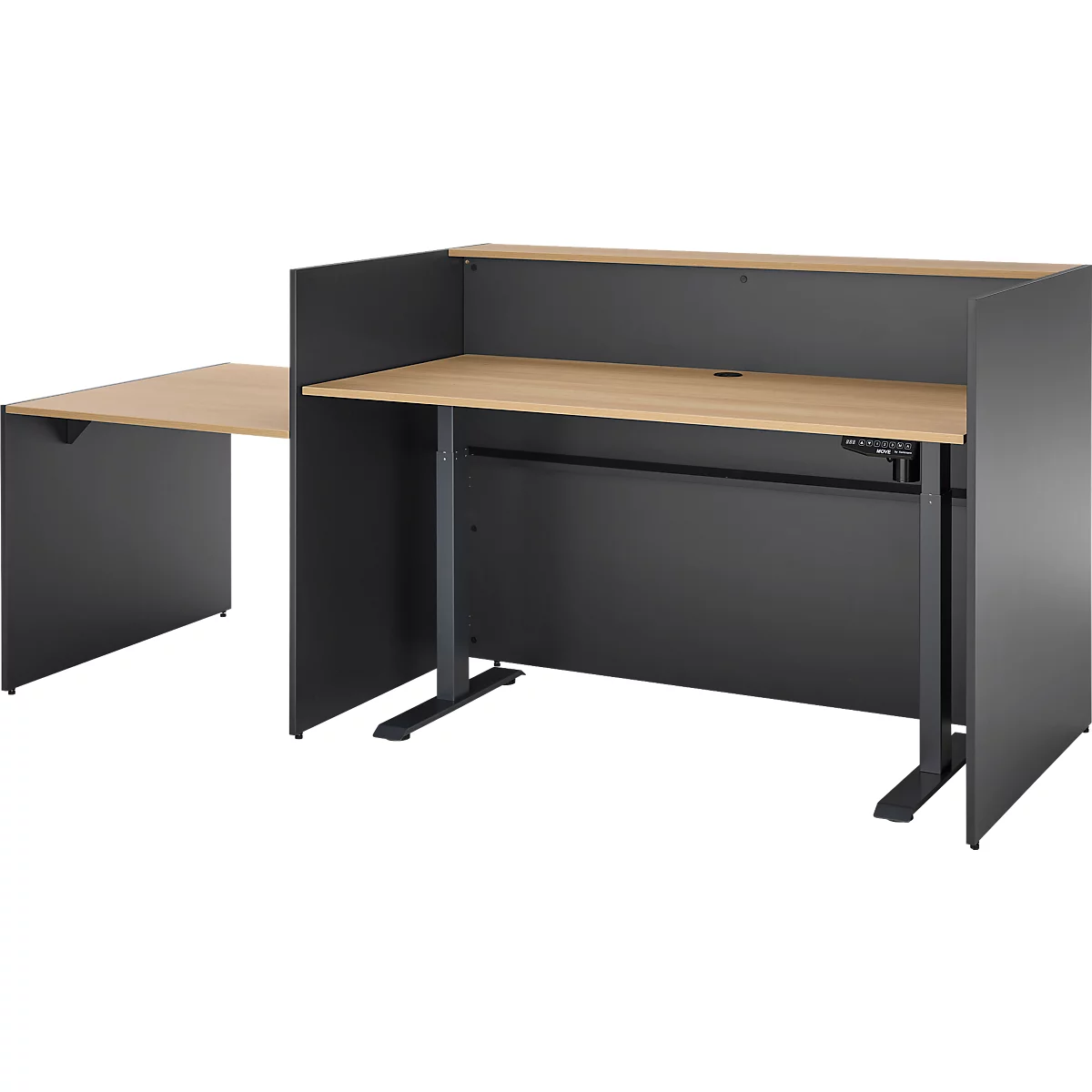 Ein grauer Schreibtisch mit Holzplatte und schwarzem Gestell. An der Seite ein weiterer Tisch, verbunden mit einem schwarzen Trennelement.