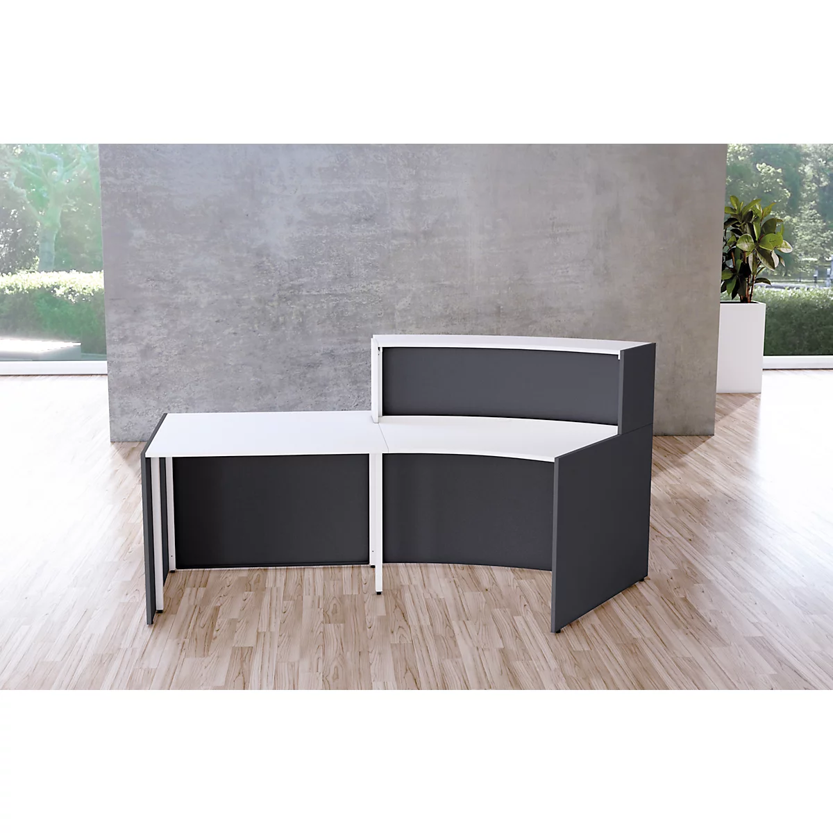 Kleine gebogen receptiebalie met Faro consultatiebalie, met legplank en zijpanelen, B 2310 x D 1200 x H 1120 mm, antraciet/antraciet