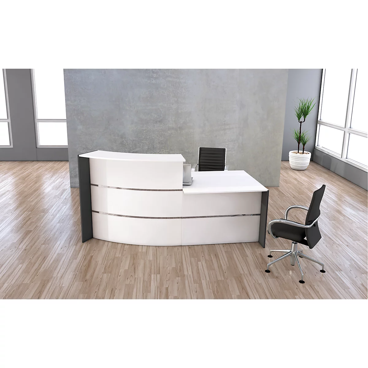 Kleine gebogen receptiebalie met Faro consultatiebalie, met legplank en zijpanelen, B 2310 x D 1200 x H 1120 mm, wit/antraciet