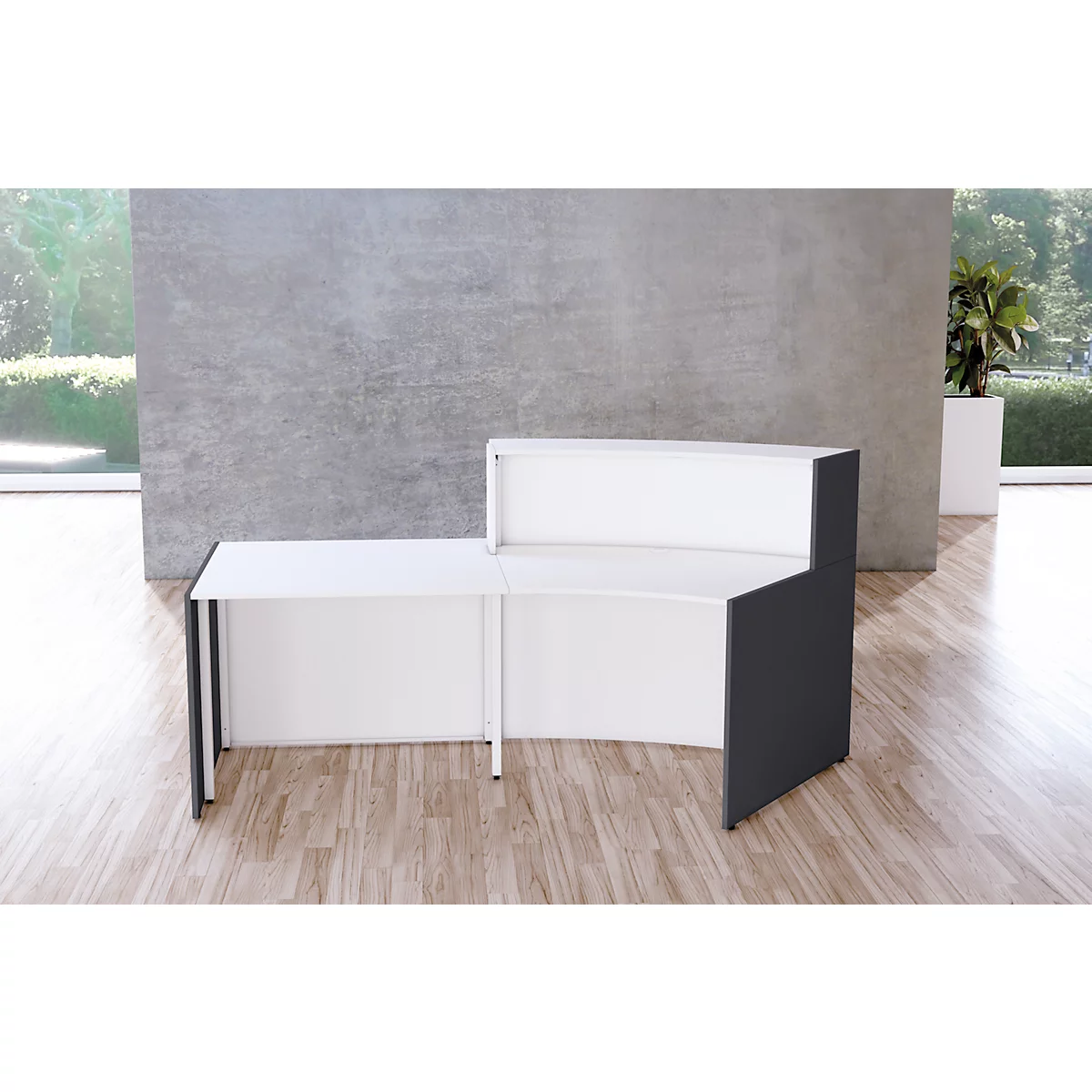Kleine gebogen receptiebalie met Faro consultatiebalie, met legplank en zijpanelen, B 2310 x D 1200 x H 1120 mm, wit/antraciet