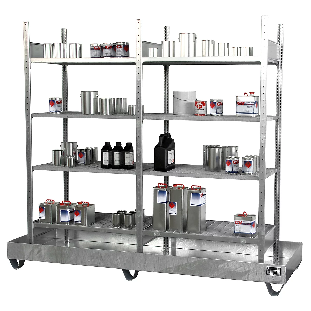 Kleingebinderegal BAUER S 3023-4E, Grund- und Anbauregal, B 2400 x T 800 x H 2000 mm, 4 Gitterrostböden + 1 Auffangwanne