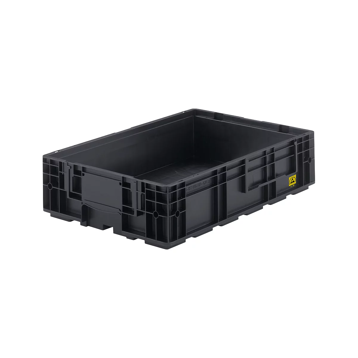 Schwarze Kunststoffbox, rechteckig, mit Griffen und gelbem Warnhinweis.