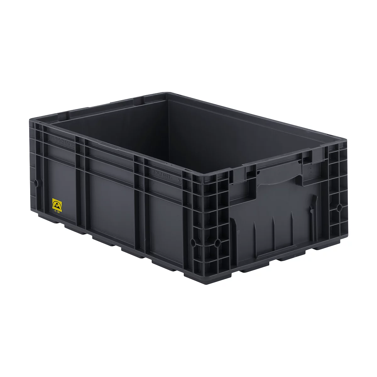 Schwarze Kunststoffbox mit Griffen und ESD-Symbol. Rechteckige Form mit geriffelten Seitenwänden.