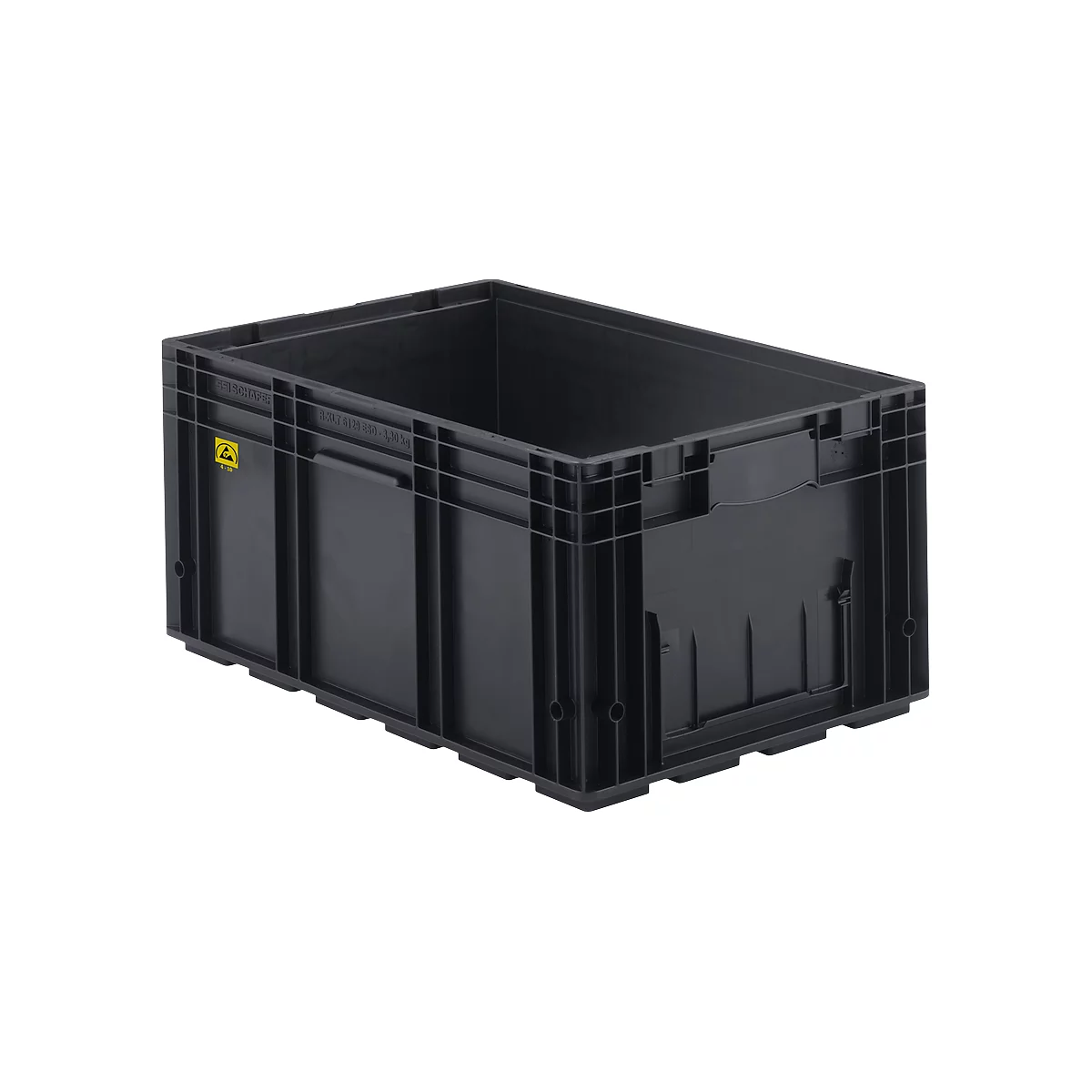 Schwarze Kunststoffbox mit Griffen und Logo. Detailaufnahme.