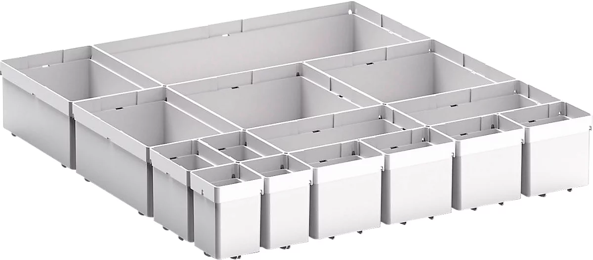 Kleinteileboxen bott verso, für Schubladen, Set aus 15 Boxen, für Fronthöhe 100/125 mm, B 525 x T 550 x H 77 mm, Stahlblech