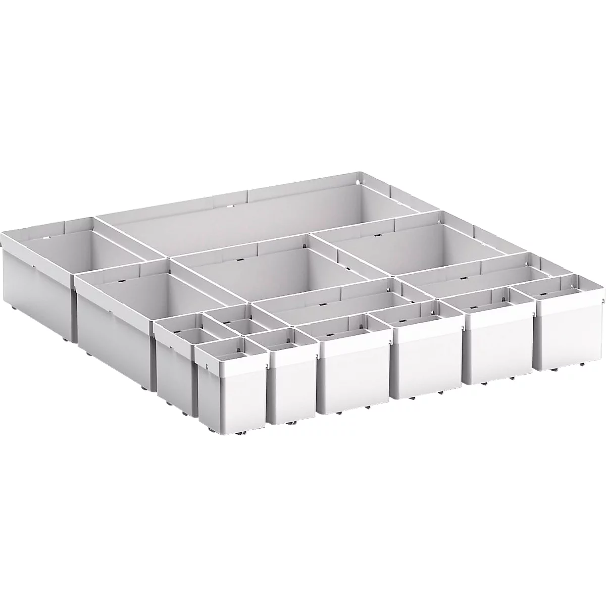 Kleinteileboxen bott verso, für Schubladen, Set aus 15 Boxen, für Fronthöhe 100/125 mm, B 525 x T 550 x H 77 mm, Stahlblech