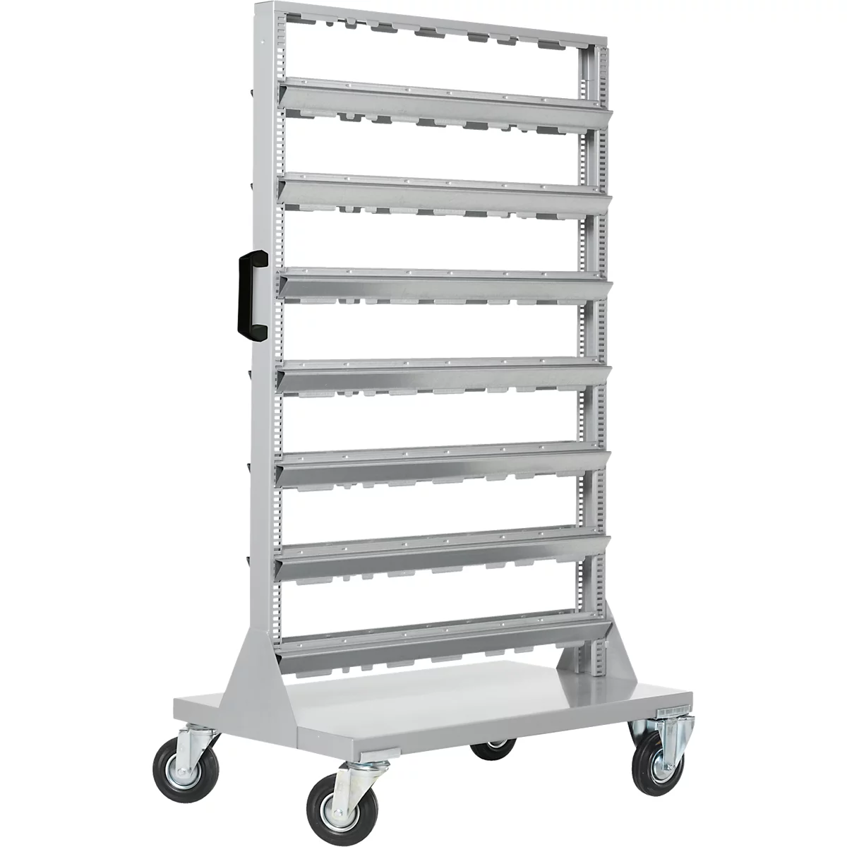 Graues Rollregal mit sechs Ablageflächen, vier Rädern und Griff.