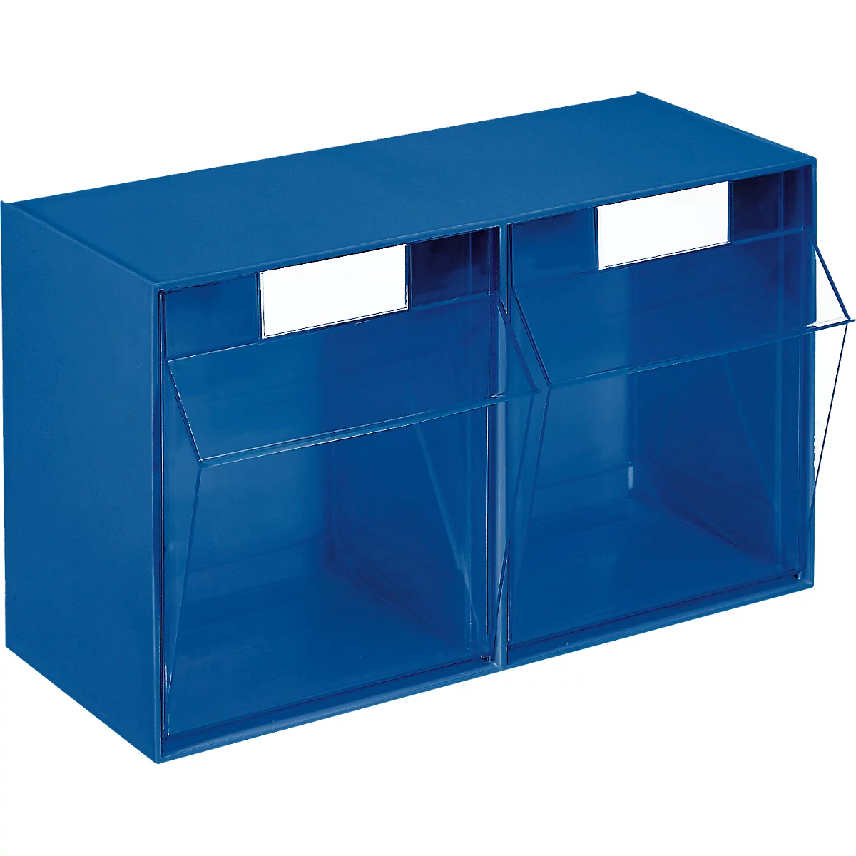 Blaue Wandregale mit zwei Fächern, klappbaren Fronten und weißen Etikettenfeldern.