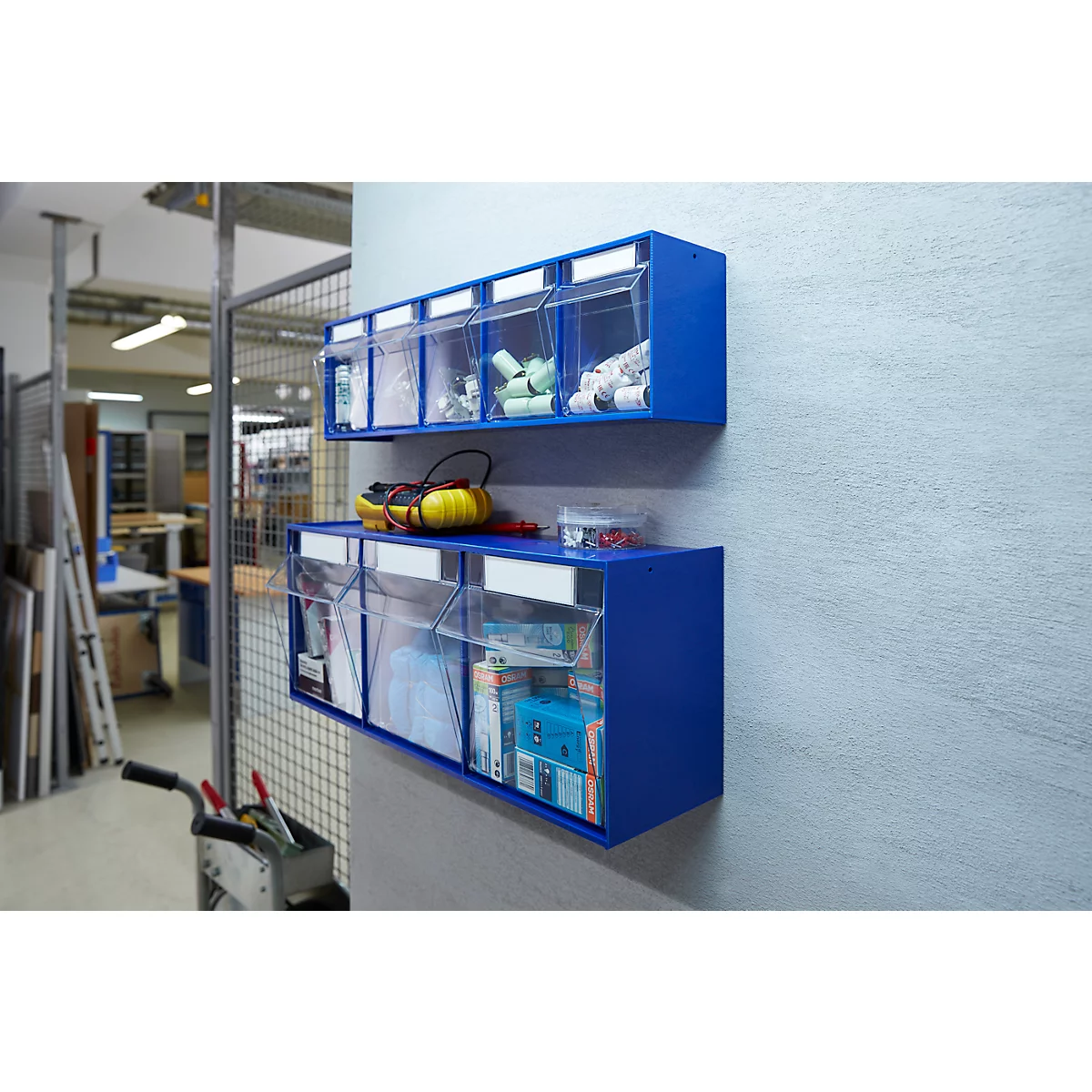 Kleinteilemagazin MultiStore, Reihengröße 3, B 600 x T 163 x H 242 mm, Volumen 12,5 l, stapelbar, Polystyrol, blau/transp.