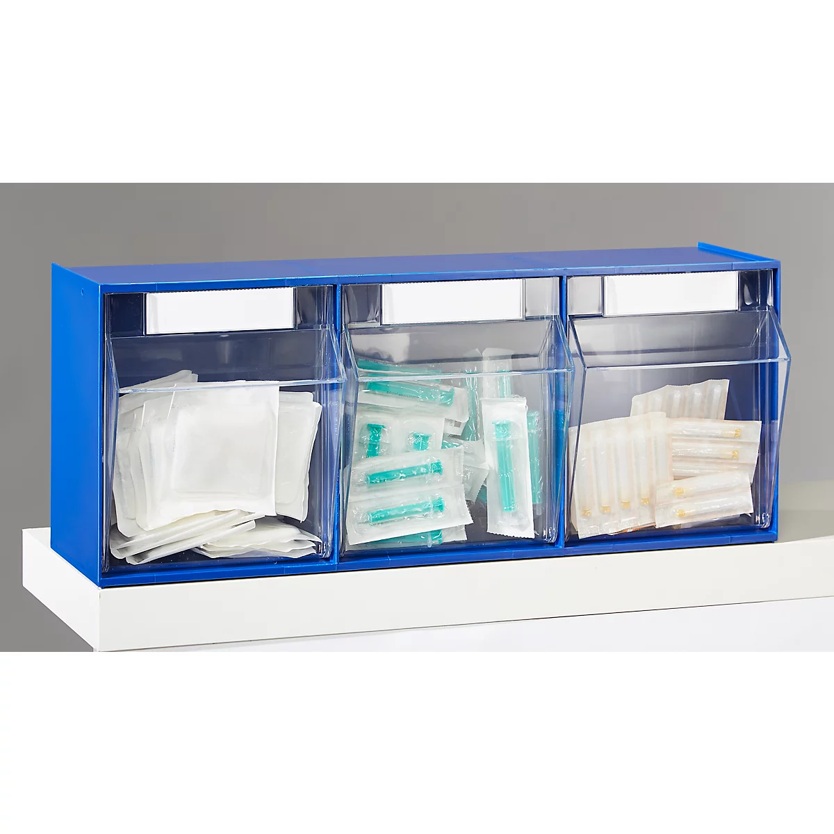 Kleinteilemagazin MultiStore, Reihengröße 3, B 600 x T 163 x H 242 mm, Volumen 12,5 l, stapelbar, Polystyrol, blau/transp.