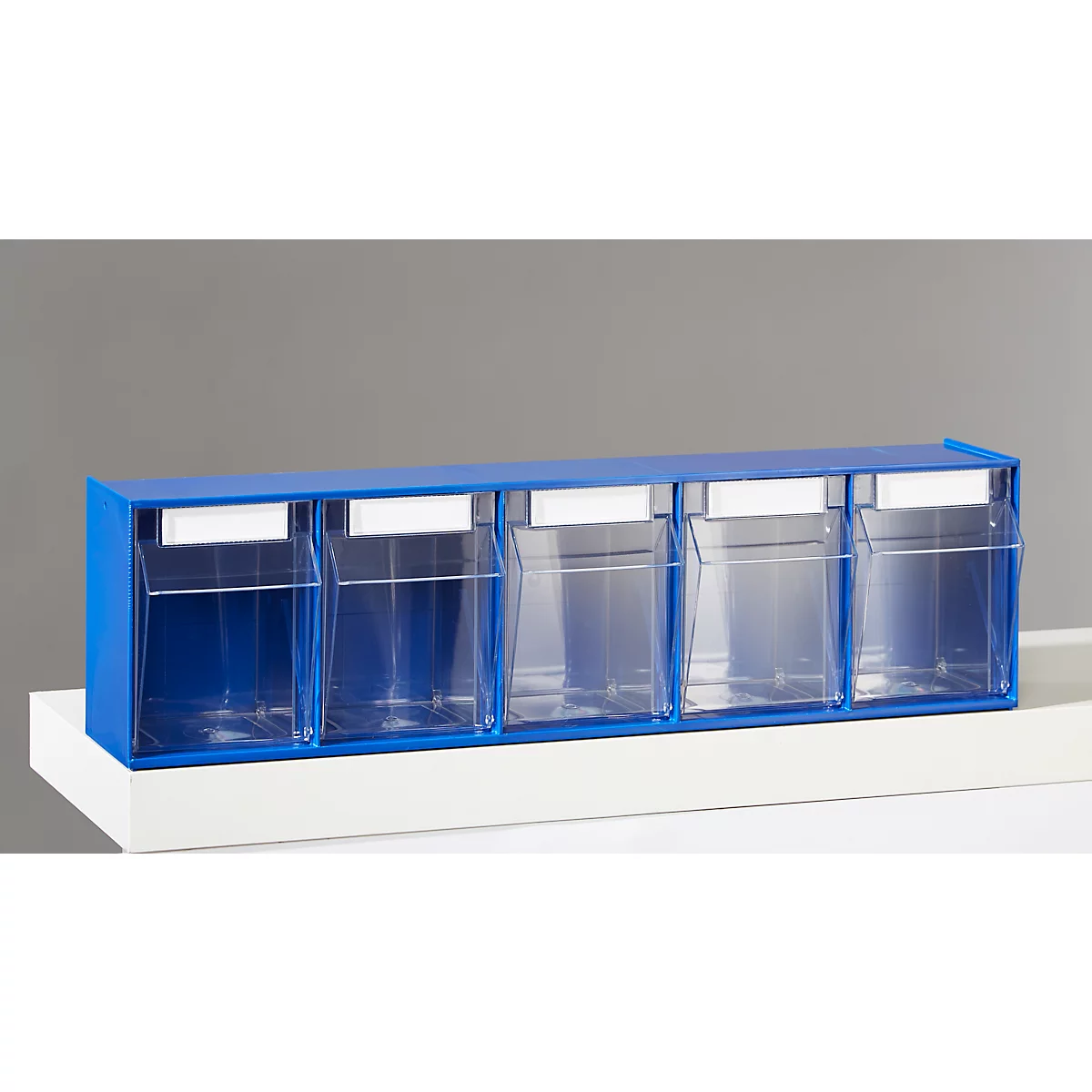 Kleinteilemagazin MultiStore, Reihengröße 5, B 600 x T 110 x H 164 mm, Volumen 5,3 l, stapelbar, Polystyrol, blau/transp.