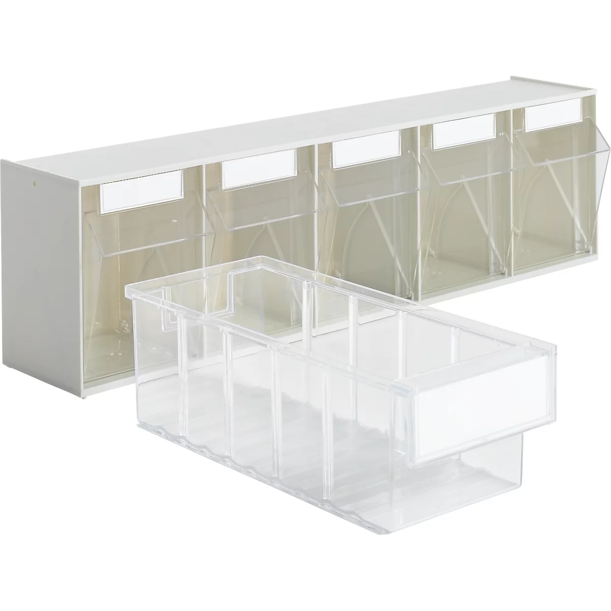 Weißer Behälter mit transparenten Schubladen und herausnehmbarer, klarer Schublade. Die Schubladen sind zur Aufbewahrung gedacht.