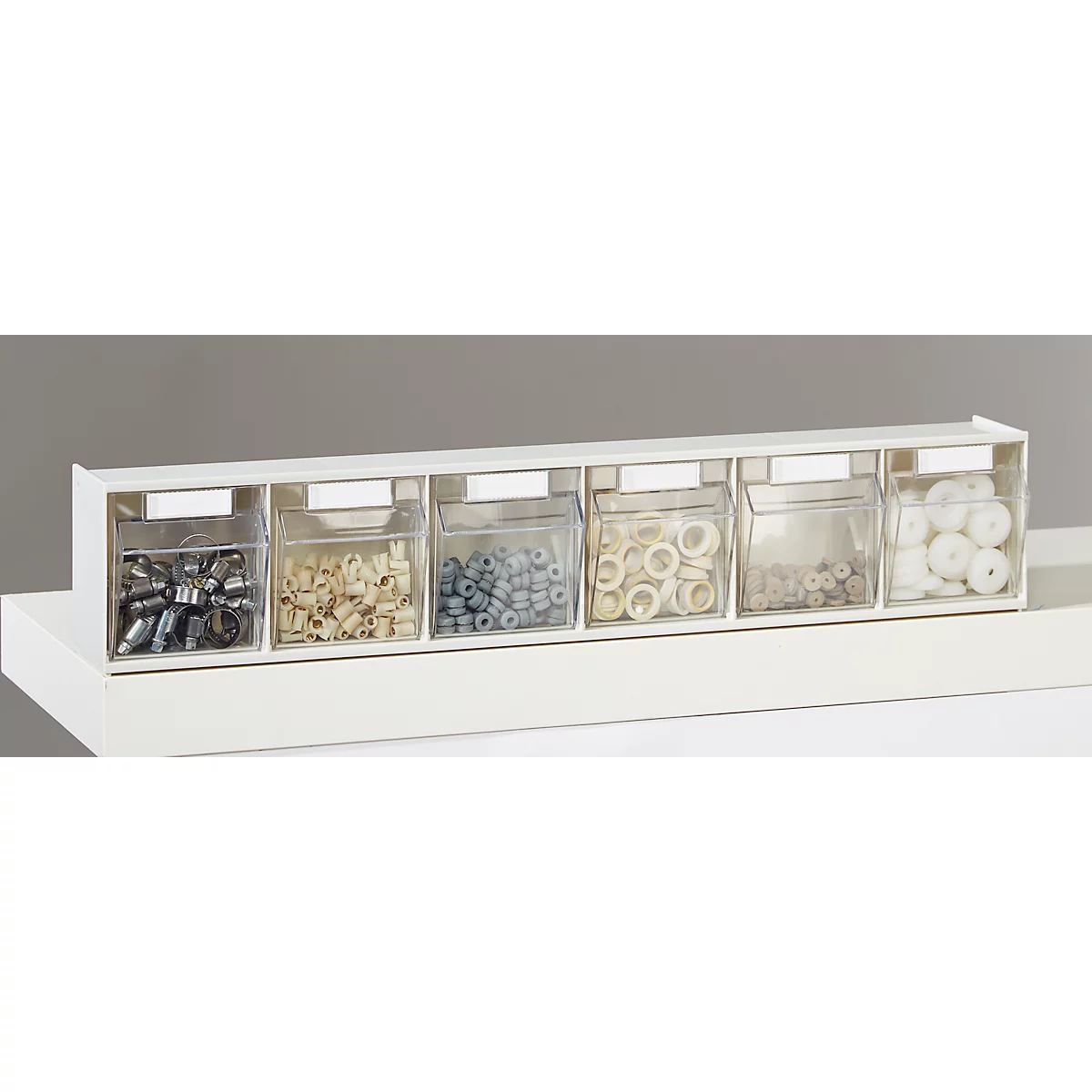 Kleinteilemagazin MultiStore, Reihengröße 6, B 600 x T 75 x H 113 mm, Volumen 2,2 l, stapelbar, Polystyrol, weiß/transp.