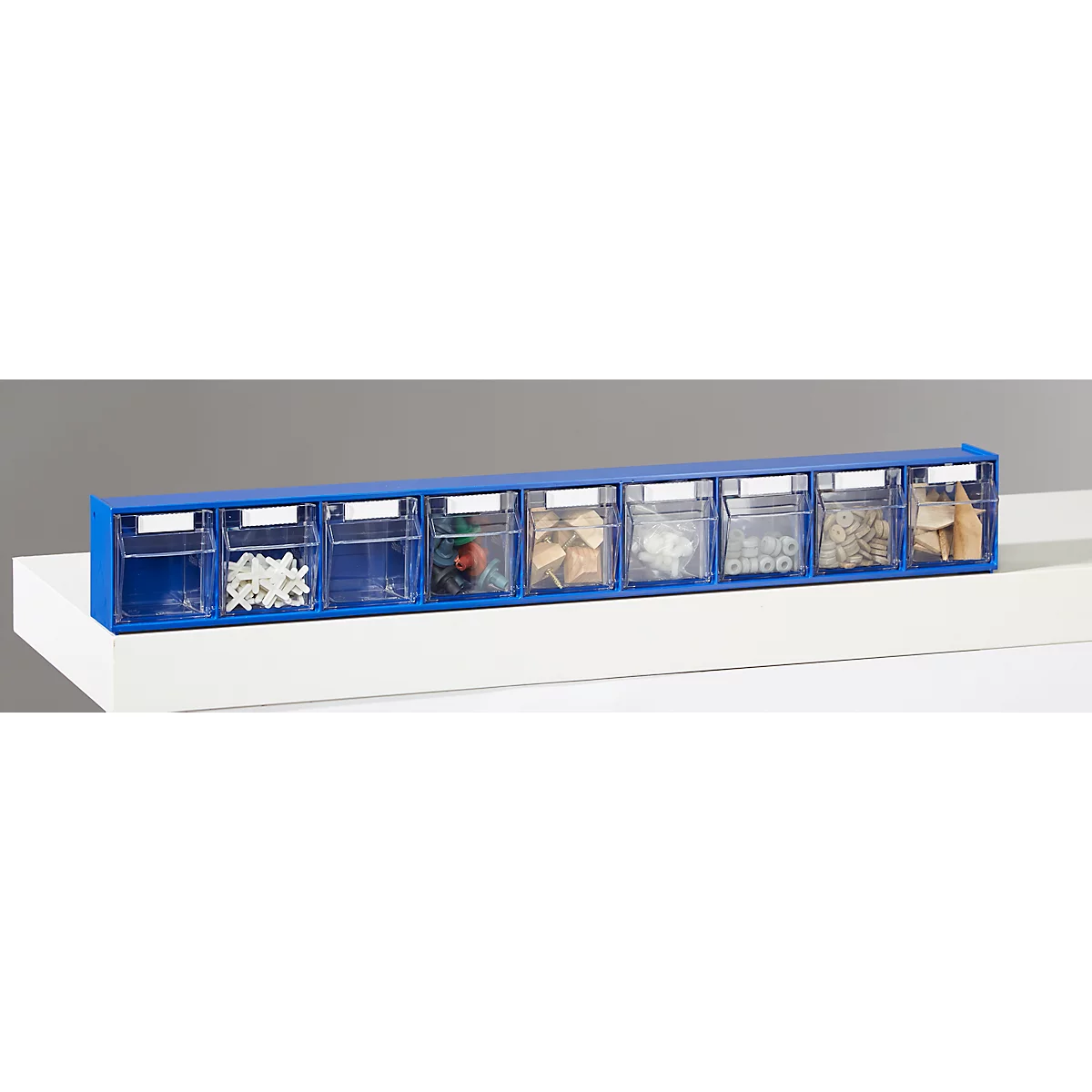 Kleinteilemagazin MultiStore, Reihengröße 9, B 600 x T 51 x H 77 mm, Volumen 0,9 l, stapelbar, Polystyrol, blau/transp.