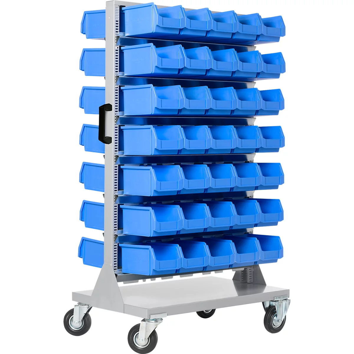 Kleinteilemagazin Schäfer Shop Select, fahrbar, 4 Rollen, mit blauen Sichtkästen: 70 x LF 221, H 1450 x B 825 x T 550 mm, pulverbeschichtetes Stahl, grau