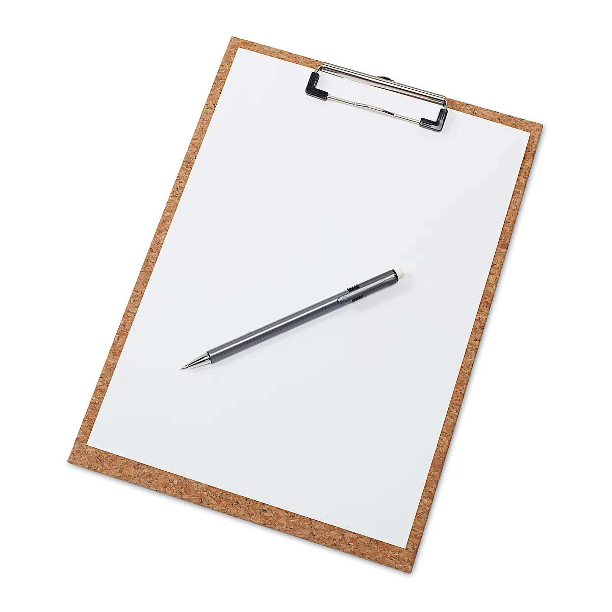 Klemmbrett mit Korkrahmen und weißem Papier. Ein silberner Stift liegt darauf.